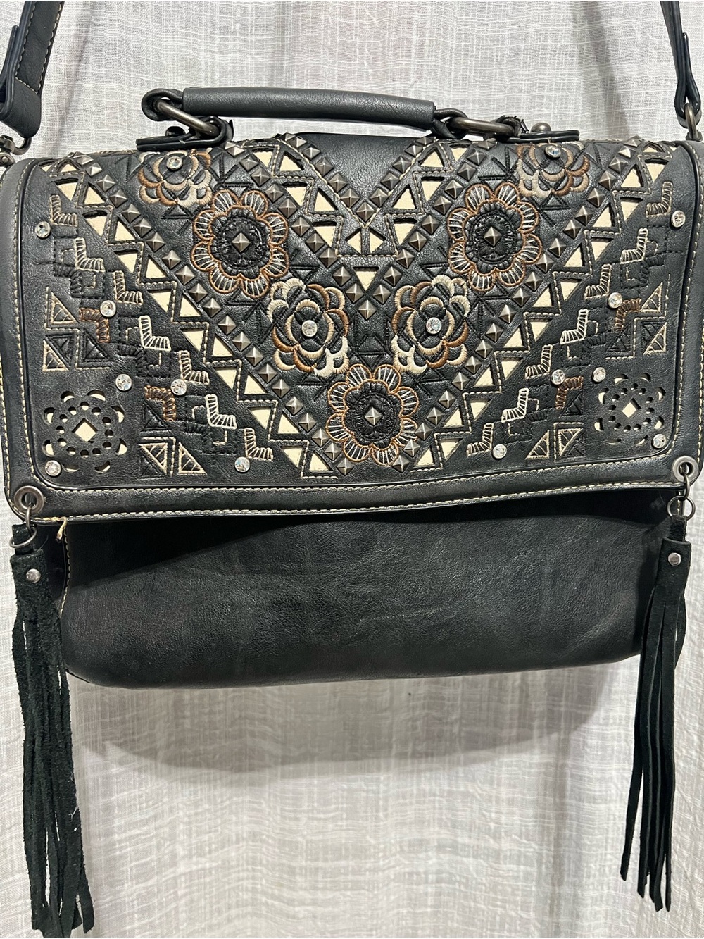 Montana West Black Embroidered Leather Crossbody Bag with Tassels